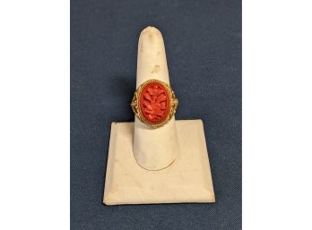 Marked 'Silver' Gold Tone Filigree And Carved Coral Ring