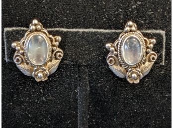 Marked 'Sterling' Moonstone And Silver Screwback Earrings With Flower Filigree