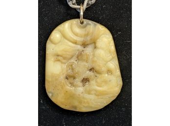 Antique Carved Jade Monkey Pendant On Metal Chain Necklace