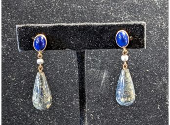 Early 14k Yellow Gold, Lapis Lazuli, Pearl, And Moss Agate Antique Screwback Earrings