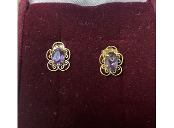 Vintage Pr 14k Gold Amethyst Stone      And Filagree Earrings . Excellent Condition  Tests 14k Gold