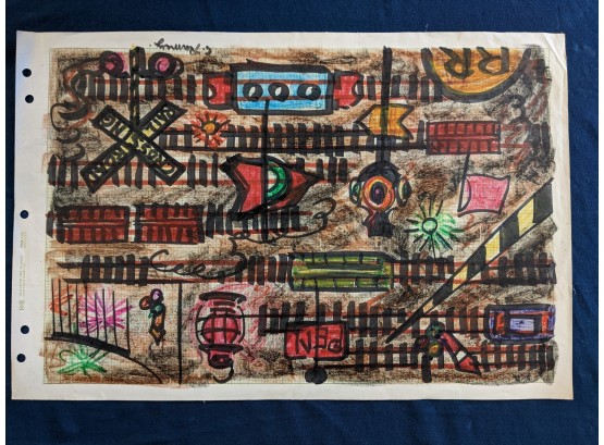 Signed Mixed Media Charles Ramsey, Jr. Railroad Artist Outsider Fantasy Art Trains, Trains, Trains
