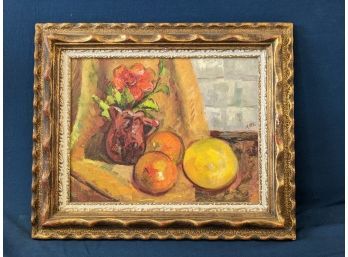 Mary Mc Mahon Oil On Artist Board Still Life Painting Fruit And Flowers