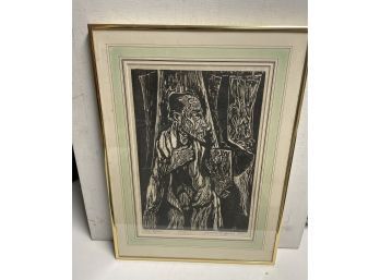 Expressionist Woodcut, The Rabbi 1952  By Joe Gropper  1925-1999  . Listed American Artist With Auction Record