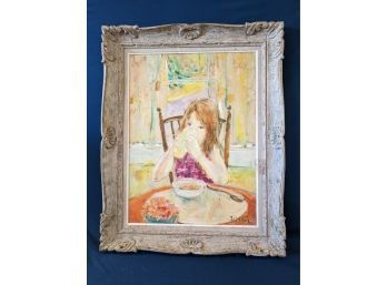 Signed Kurt Polter Listed Artist Painting On Canvas Young Girl At Breakfast - Listed Artist