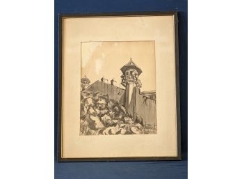 R. Keedy Signed Watercolor Illustration Of Prison Tower With Gaurd