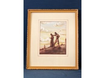 Initialed 1940s Rockwell Kent Style Painting / Illustration Of Frontier Couple