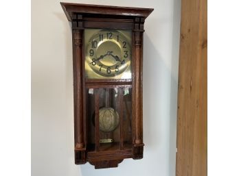 Antique Oak Wall Clock  Circa 1903,  Brass Face And Pendulum 12 X27 Inches