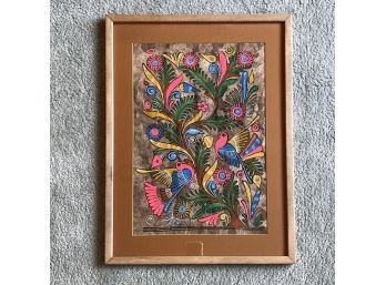 Lovely Amate Bark Primitive Tribal Mexican Art Painting Neon Birds 18x24 Matted And Frames