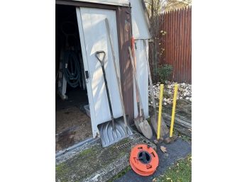 Shed Outdoor Garden Tool Lot - Shovels, Extension Cord, Sledge Hammers, Etc