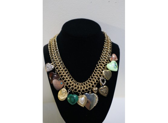 Gold Tone Heart Charm Necklace Mixed Materials - Lockets, Cameo Marked Napier, Stones, Wood And Rhinestones