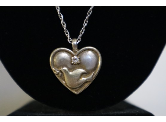 Gorham Sterling Silver With Clear Stone Heart Pendant With Prayer On Back And Silver Tone Chain Unmarked