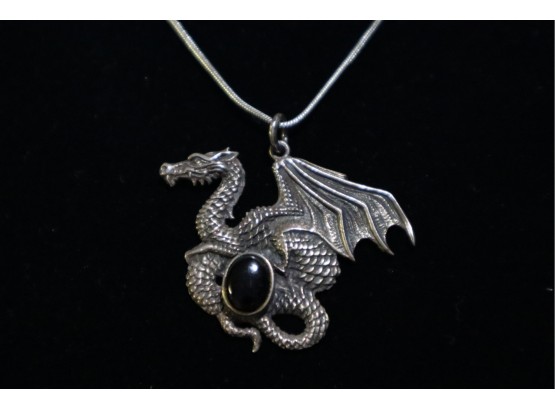 925 Sterling Silver Dragon With Black Stone Pendant And 925 Sterling Silver Chain