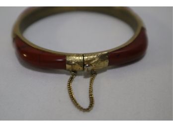 925 Sterling Silver With Gold Tone Overlay Red Stone Bangle Bracelet