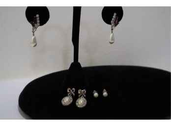 Silver Tone With Faux Pearl And Rhinestones Pierced Earrings And Real Pearl Earrings Lot (3)