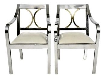 Pair Of Karl Springer (1931 - 1991) American Modern Polished Chrome Plated Steel Regency Arm Chairs (1 Of 2)