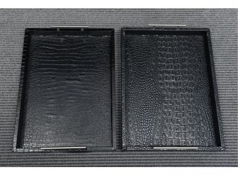 Pair Of American Atelier Faux Alligator Serving Trays With Brushed Chrome Handles
