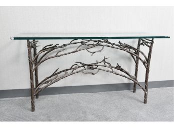 Faux Bois Organic Branch Metal Glass Top Console Table