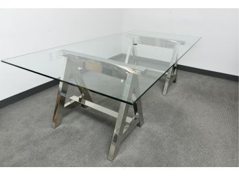 Stainless Steel Polished Nickel Glass Top Trestle Base Dining Table / Desk