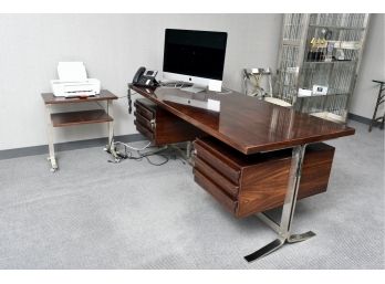 Wood Desk With Chrome Base And Two Tier Printer Stand On Casters