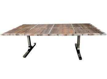 Multi-hued Plank Wood Table With Chrome Legs And Chrome Inserts