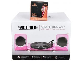 Victrola Acrylic Turntable With Wireless Speakers And BienSound Foldable Stereo Headphone Model No. HW50