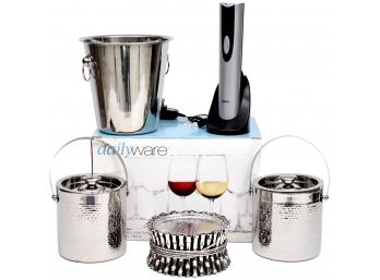Collection Of Bar Essentials - Godinger Ice Buckets, Oster Wine Opener, Dailyware Wine Glasses And More