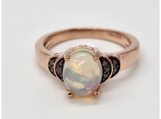 Premium Ethiopian Welo Opal & Natural Champagne Diamond Ring In Rose Gold Over Sterling