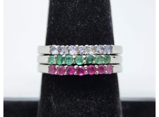 Set Of 3 Ruby, Tanzanite & Zambian Emerald Stackable Rings In Stainless