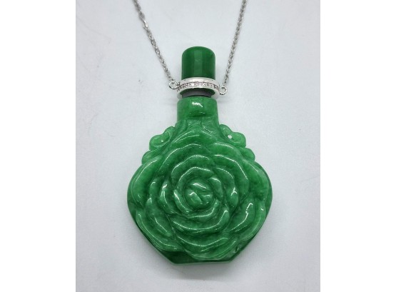 Green Jade Carved Rose Scent Perfume Bottle Necklace In Sterling