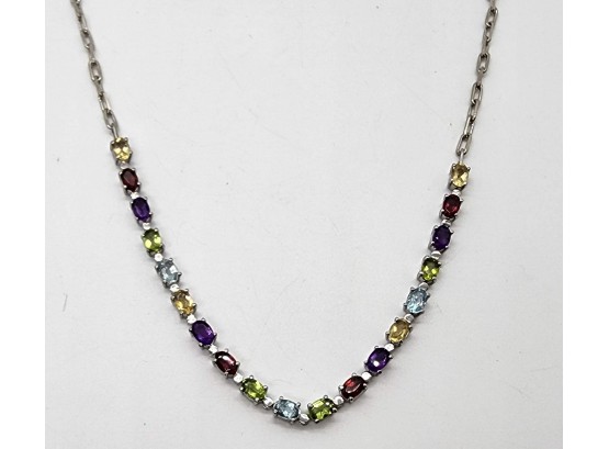 Multi Gemstone Paper Clip Chain Necklace In Stainless
