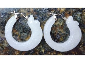 Natural White Jade Carved Phoenix Earrings In Rhodium Over Sterling