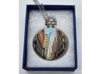 World Trade Center Pattern Pocket Watch With Chain In Silver Tone