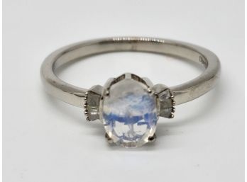 Moonglow Moonstone, Diamond Ring In Platinum Over Sterling