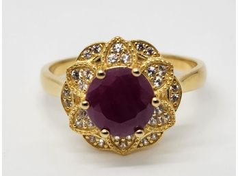 Red Ruby, White Zircon, 18k Yellow Gold Over Sterling Silver Ring