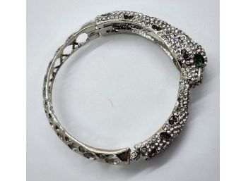 White & Grey Austrian Crystal, Faux Green Emerald Leopard Bangle Bracelet