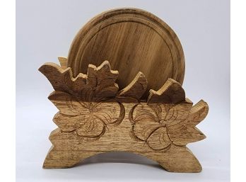 Hand Carved Set Of Teak Wood Coasters With Stand