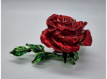 Red Austrian Crystal, Enameled Rose Trinket Box With Magnetic Lock