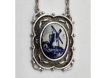 Vintage Handmade Porcelain Painting Of Dutch Windmill Necklace From Sarah Coventry With Silver Chain