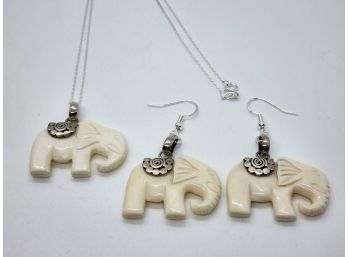 Handmade Bali Carved Bone Elephant Earrings & Matching Necklace In Sterling