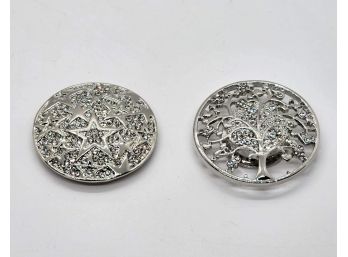 Set Of 2 Austrian Crystal Tree & Star Brooches In Silver Tone