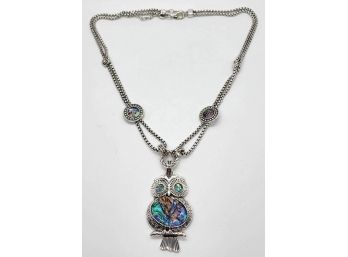 Abalone Shell, Austrian Crystal Owl Necklace In Silver Tone