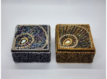 2 Handcrafted Beaded & Crystal Trinket Boxes
