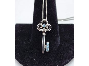 Swarovski Blue Topaz, Rhodium Over Sterling Key Pendant Necklace