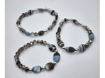 Beaded Blue Opal, Crystal & Sterling Handcrafted Stretch Bracelets