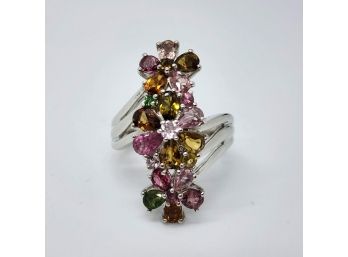 Multi Tourmaline Floral Ring In Platinum Over Sterling