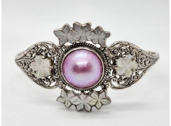 Bali, Mabe Pearl, Mother Of Pearl Carved Flower Cuff Bracelet In Sterling