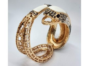 White Austrian Crystal, Hematite Color Snake Bangle Bracelet