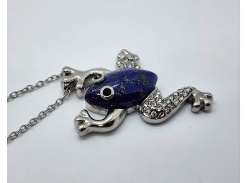 Lapis & Austrian Crystal Frog Necklace In Stainless