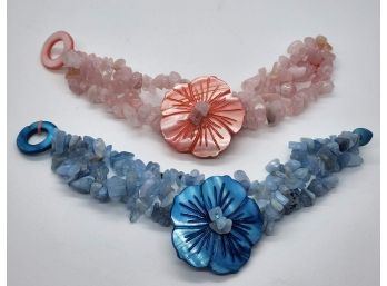 Set Of 2 Aquamarine & Rose Quartz Chips Bracelets With Large Flower